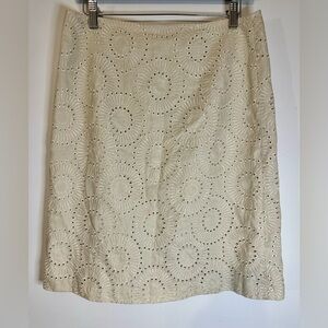 Due Per Due Women’s Beige Eyelet A Lined Zipper Back Midi 100% Linen Skirt Sz 10